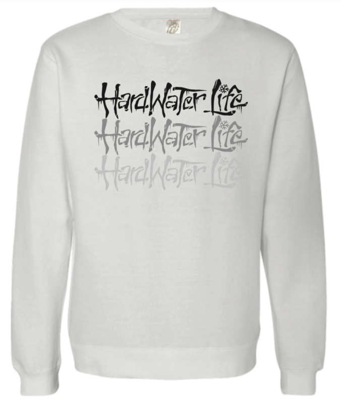 White crew neck sweatshirt. Cotton/Polyester blend. HardWater Life printed three times on front chest. Ink is printed with black and fades to a dark grey, then light grey.