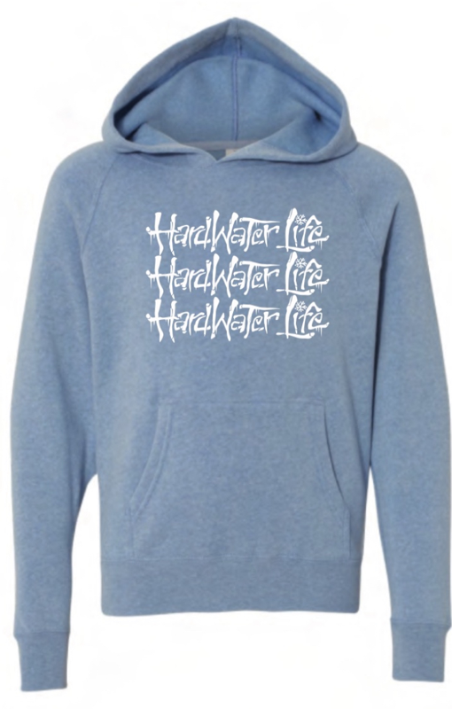 Youth periwinkle hoodie with no drawstrings and front pouch pocket. Cotton/Polyester blend. HardWater Life printed three times in white ink on front chest