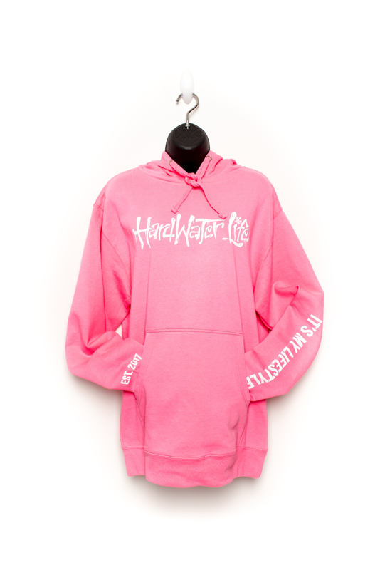 Pink color hoodie. Cotton/Polyster blend.  HardWater Life printed in white ink on front of chest. It's My Lifestyle printed in white ink on right sleeve. Est. 2017 printed in white on left cuff.